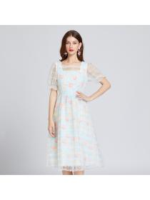 Fresh style sequin embroidery chiffon high waist dress