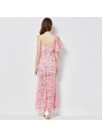 Sexy floral print Asymmetric single shoulder slim waist ruffle dress