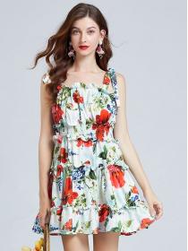 Summer fashion print Elastic high waist slim short A-line dress