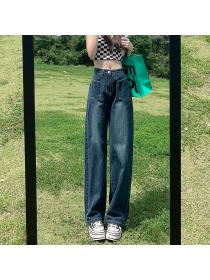 Vintage style high waist jeans women's loose straight wide leg denim pants 