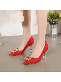Pointed pearl rhinestone square buckle high heels wedding shoes