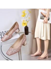 Sequin sexy Korean style women's square head thick heel banquet wedding shoes 