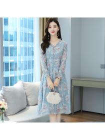 On sale chiffon dress women's blue floral temperament long sleeve dress