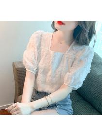 On Sale Lace Hollow Out Puff Sleeve Blouse 