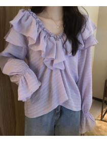 Design sense ruffled shirt women's purple V-neck temperament shirt