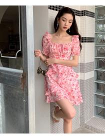 Summer dress pink chiffon floral dress female sexy split lace long dress