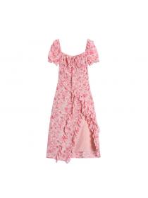Summer dress pink chiffon floral dress female sexy split lace long dress