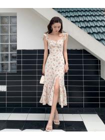 Summer dress style sleeveless split floral suspender dress