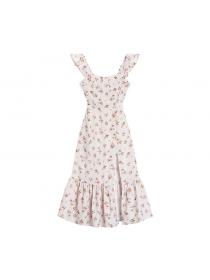 Summer dress style sleeveless split floral suspender dress