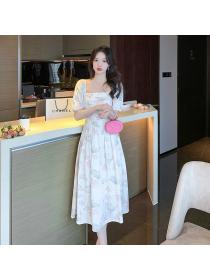 Summer new French style square neck puff sleeve temperament dress