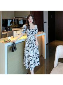 Summer new French style square neck puff sleeve temperament dress