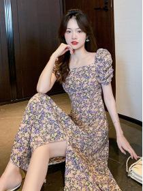 New style square neck puff sleeve floral dress summer chiffon Long dress