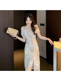 New style temperament slim square neck puff sleeves chic floral dress