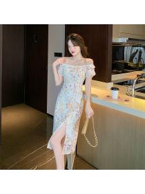 New style temperament slim square neck puff sleeves chic floral dress