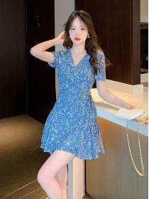 New style blue v-neck floral short-sleeved chiffon dress