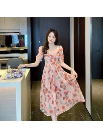 Summer new Korean style square neck floral dress temperament dress