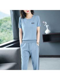 Sports short-sleeved suit women's summer casual pants ice silk knitted two-piece suit