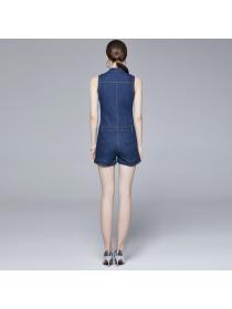 Summer new V-neck denim jumpsuit shorts sleeveless slim fit jumpsuit
