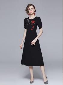 Fashion style Embroidery Short-sleeved Black Dress