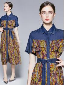 Ladies POLO denim shirt stitching dress A-line dress