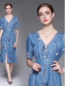 Summer mid-length fishtail dress t slim fit V-neck printed denim dress