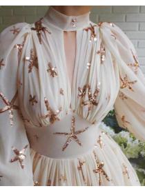 New style High neck sequins lantern sleeves large swing dress chiffon dress