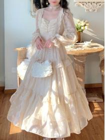 Elegant style gentle high waist lantern sleeves Maxi dress