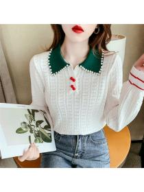 Winter new Polo collar beaded hollow jacquard long-sleeved knitted Pullovers