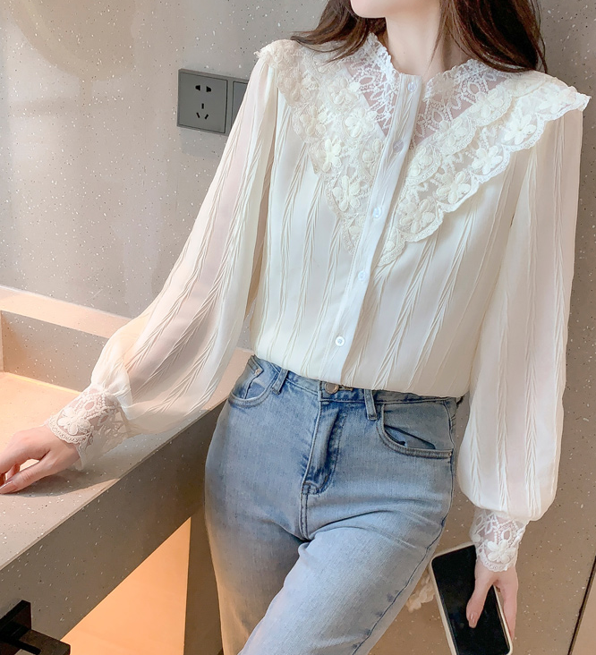 French long-sleeved lace stitching shirt temperament top