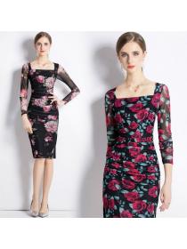 Fashion long-sleeved hip slit mid-length dress square neck Print dress