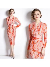 Autumn new orange mesh V-neck slim midi dress for women