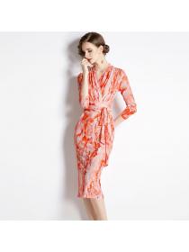Autumn new orange mesh V-neck slim midi dress for women