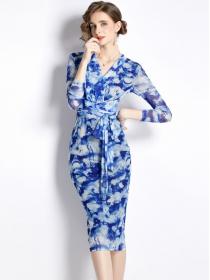 Autumn new Blue mesh V-neck slim midi dress for women