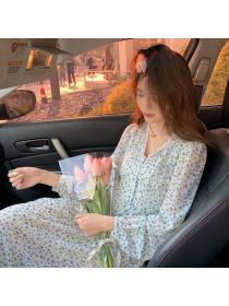 Autumn Korean style V-neck floral high waist chiffon dress