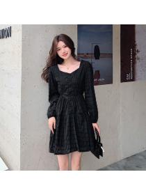 Autumn new Korean style Square neck Puff sleeve solid color dress