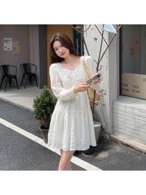 Autumn new Korean style Square neck Puff sleeve solid color dress