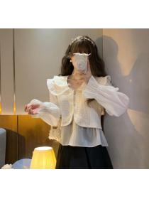 Korean Lace Vest Ruffle Sleeves Double Collar Patchwork Chiffon Shirt