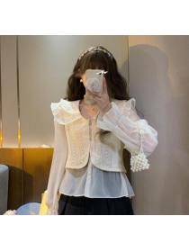 Korean Lace Vest Ruffle Sleeves Double Collar Patchwork Chiffon Shirt