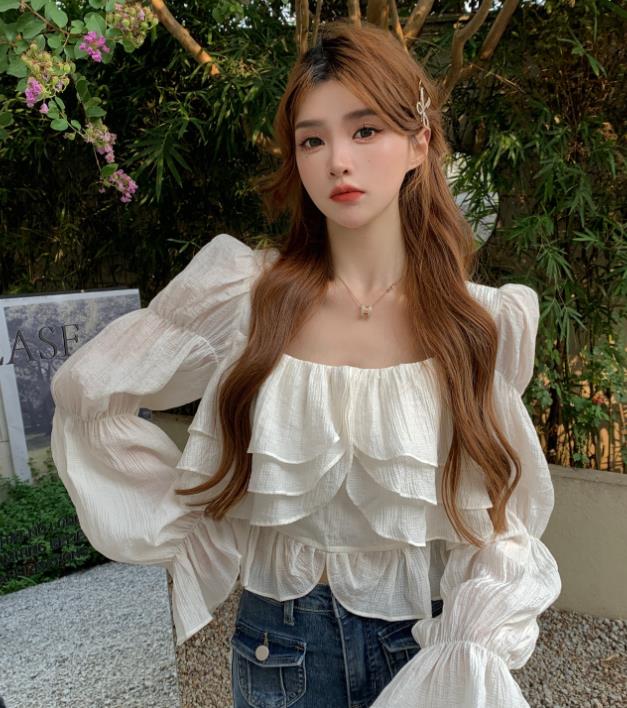 Square Neck Puff Sleeve Cropped   Ruffled Blouse
