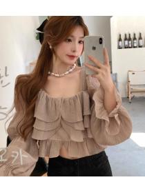   Square Neck Puff Sleeve Cropped   Ruffled Blouse