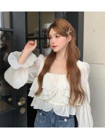   Square Neck Puff Sleeve Cropped   Ruffled Blouse