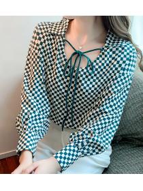 Fashion Checkerboard chiffon shirt Chic long-sleeve lace-up shirt