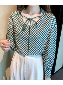 Fashion Checkerboard chiffon shirt Chic long-sleeve lace-up shirt