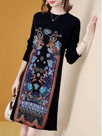Vintage style loose knitted dress women's printed wool dress