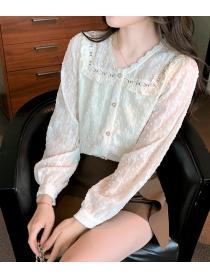 V-neck silk shirt with lantern sleeves temperament lady lace chiffon top
