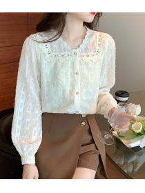 V-neck silk shirt with lantern sleeves temperament lady lace chiffon top
