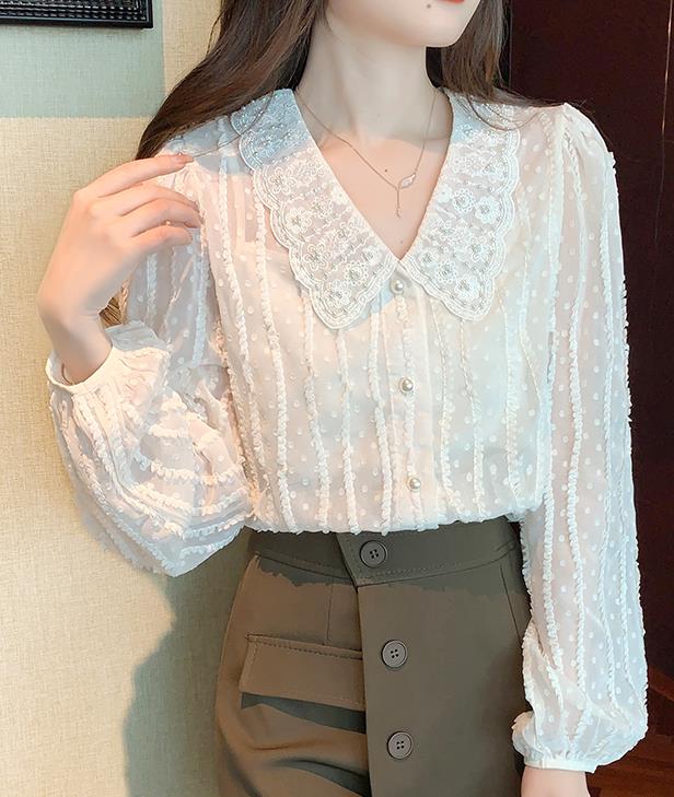 Lantern Sleeve Doll Collar Embroidered Lace Chiffon Shirt