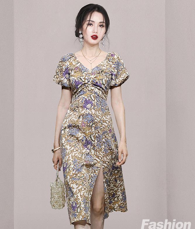 On Sale V  Collars Floral Printing Show Waist Dress