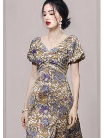 On Sale V  Collars Floral Printing Show Waist Dress