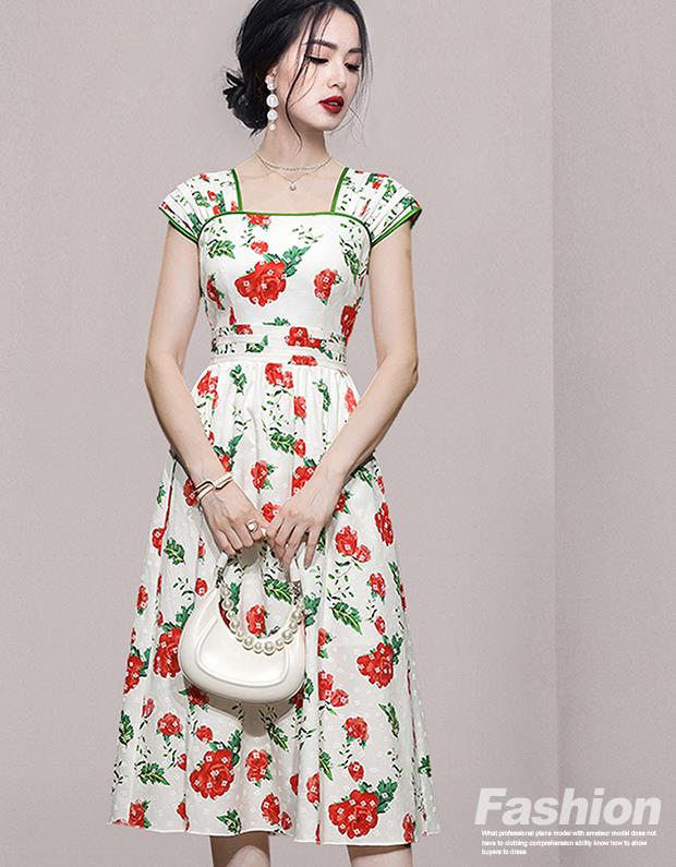 Fashion print retro lantern sleeves waist slim French Dress